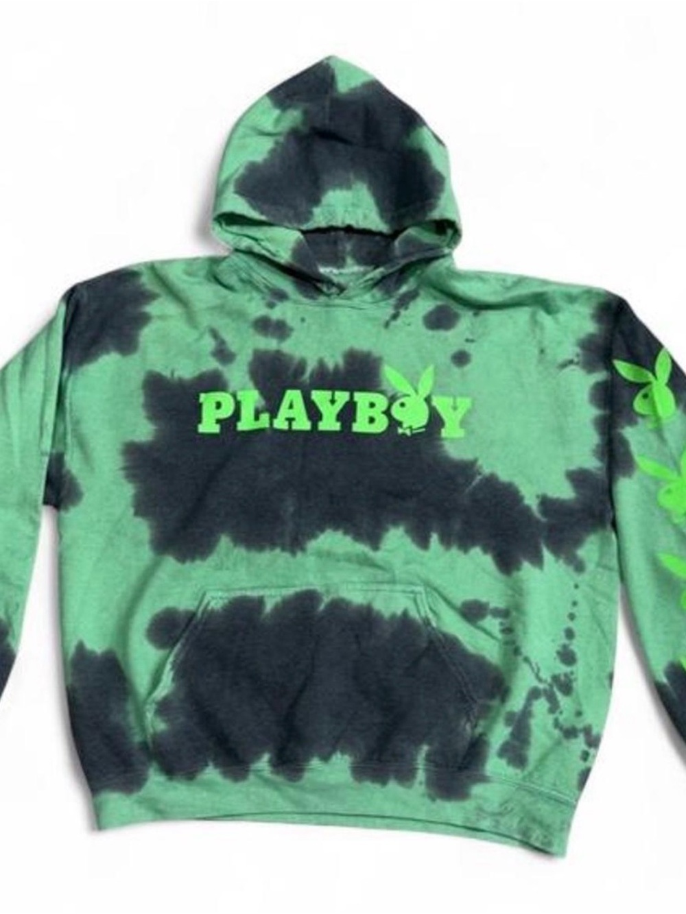 PLAYBOY Green and Black Tie-Dye Hoodie with Neon Logo